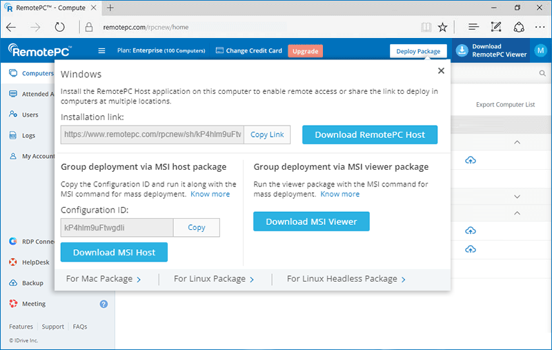 Paquet de déploiement RemotePC